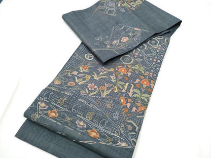 平和屋着物●中国三大刺繍　太鼓柄袋帯　紬地　切嵌花文　正絹　逸品　CABE8447hy
