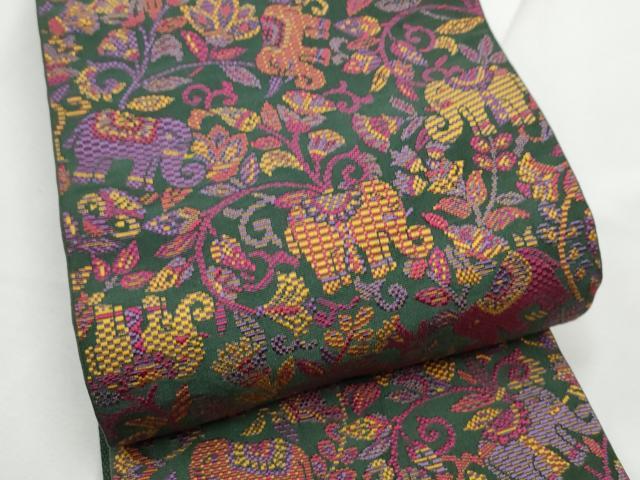 平和屋着物●本場筑前博多織　半幅帯　象　唐草文　献上　博多金ラベル　大倉織物謹製　証紙付き　正絹　逸品　CABE8454hy