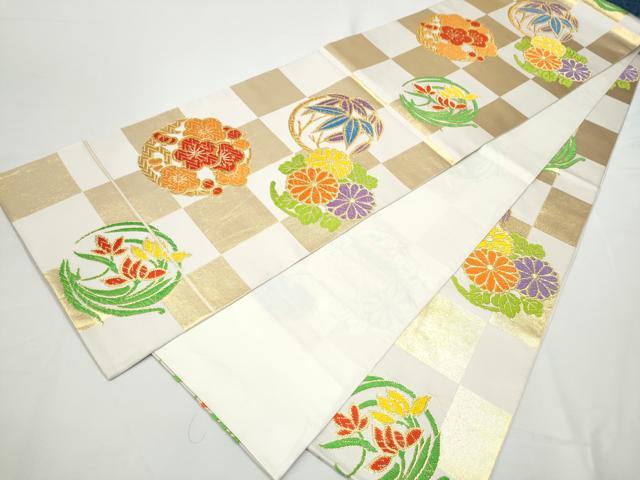 平和屋着物●西陣　川島織物　六通柄　本袋帯　市松笹梅菊丸文　金糸　正絹　逸品　CABE8488hy