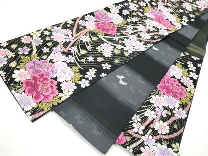 平和屋着物●両面　六通柄袋帯　舞花文　黒地　金糸　正絹　逸品　CABE8493hy
