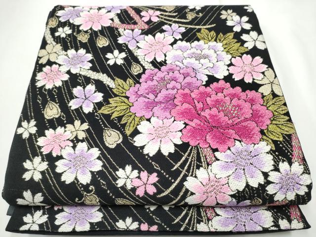 平和屋着物●両面　六通柄袋帯　舞花文　黒地　金糸　正絹　逸品　CABE8493hy 平和屋着物○両面 六通柄袋帯 舞花文 黒地 金糸 正絹 逸品 CABE8493hy