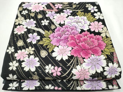 平和屋着物●両面　六通柄袋帯　舞花文　黒地　金糸　正絹　逸品　CABE8493hy