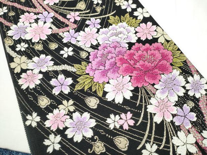 平和屋着物●両面　六通柄袋帯　舞花文　黒地　金糸　正絹　逸品　CABE8493hy