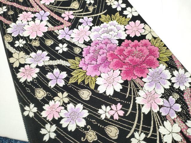 平和屋着物●両面　六通柄袋帯　舞花文　黒地　金糸　正絹　逸品　CABE8493hy