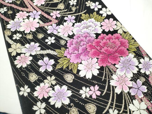 平和屋着物●両面　六通柄袋帯　舞花文　黒地　金糸　正絹　逸品　CABE8493hy