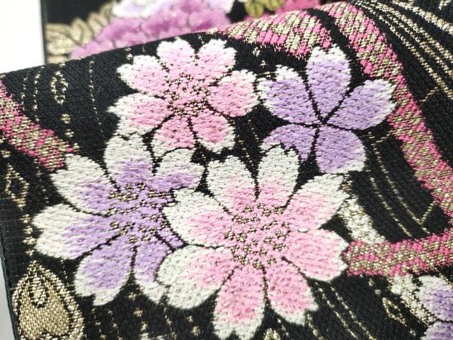 平和屋着物●両面　六通柄袋帯　舞花文　黒地　金糸　正絹　逸品　CABE8493hy 平和屋着物○両面 六通柄袋帯 舞花文 黒地 金糸 正絹 逸品 CABE8493hy