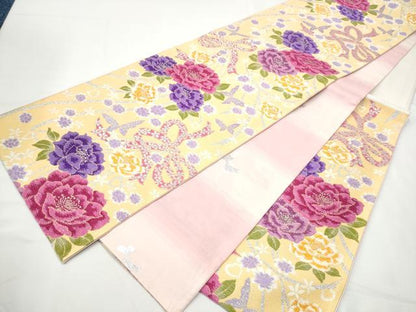 平和屋着物●六通柄袋帯　リボン　花蝶文　銀糸　正絹　逸品　CABE8501hy
