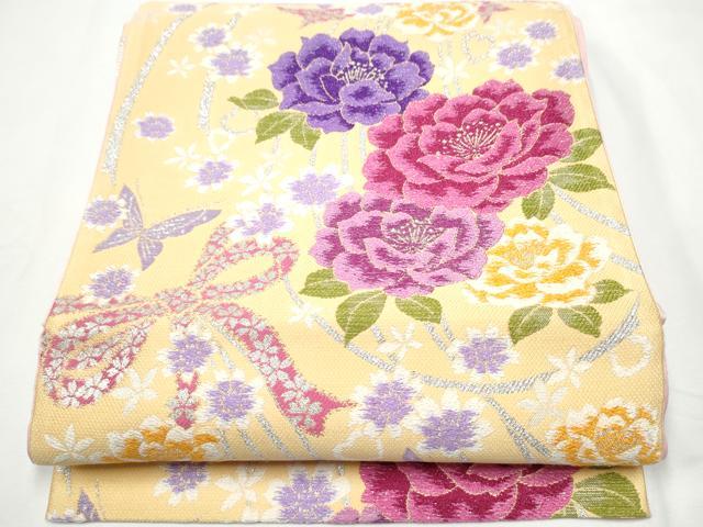 平和屋着物●六通柄袋帯　リボン　花蝶文　銀糸　正絹　逸品　CABE8501hy