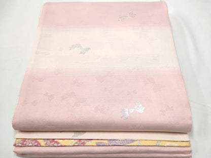 平和屋着物●六通柄袋帯　リボン　花蝶文　銀糸　正絹　逸品　CABE8501hy