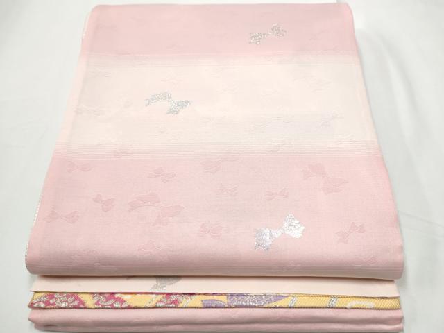 平和屋着物●六通柄袋帯　リボン　花蝶文　銀糸　正絹　逸品　CABE8501hy
