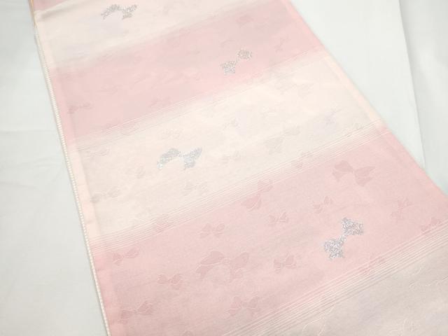 平和屋着物●六通柄袋帯　リボン　花蝶文　銀糸　正絹　逸品　CABE8501hy