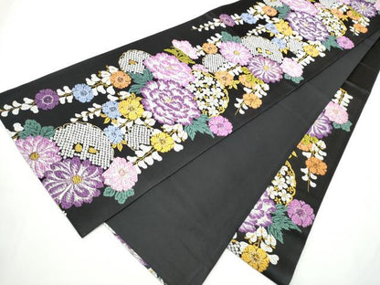 平和屋着物●六通柄袋帯　唐織　雪輪舞花文　黒地　金糸　正絹　逸品　CABE8503hy