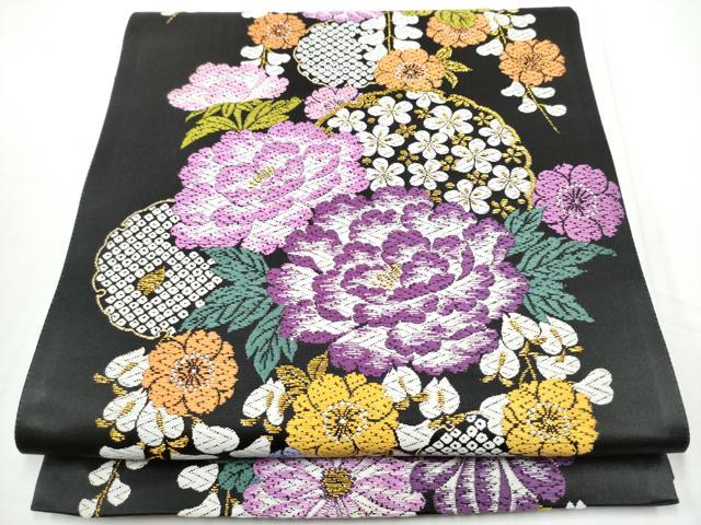 平和屋着物●六通柄袋帯　唐織　雪輪舞花文　黒地　金糸　正絹　逸品　CABE8503hy 平和屋着物○六通柄袋帯 唐織 雪輪舞花文 黒地 金糸 正絹