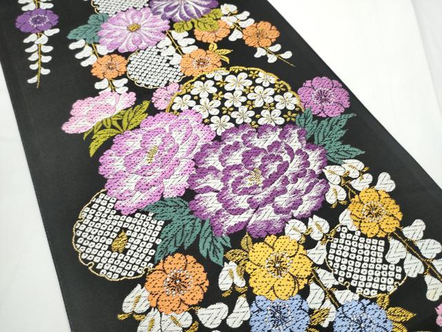 平和屋着物●六通柄袋帯　唐織　雪輪舞花文　黒地　金糸　正絹　逸品　CABE8503hy