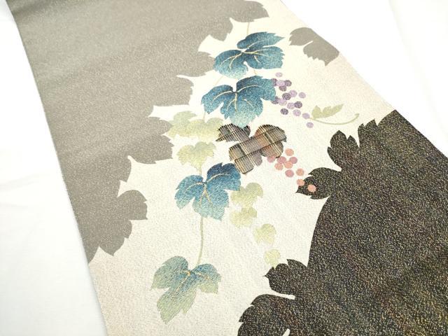平和屋着物○両面 太鼓柄袋帯 すくい織 葡萄蔦の葉文 金糸