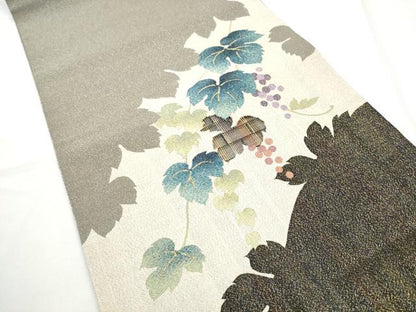 平和屋着物●両面　太鼓柄袋帯　すくい織　葡萄蔦の葉文　金糸　やまと誂製　正絹　逸品　CABE8513hy