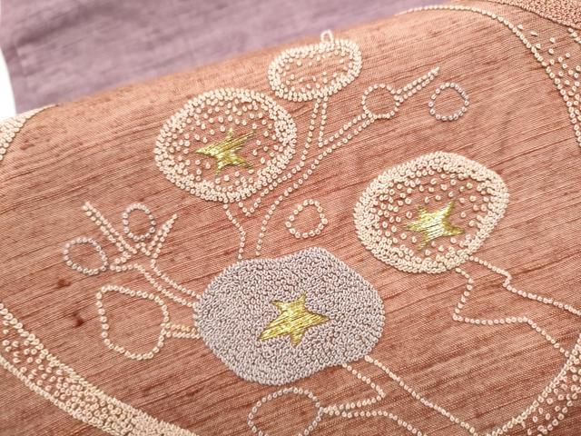 平和屋着物●中国三大刺繍　相良刺繍　総刺繍　太鼓柄袋帯　紬地　鴛鴦枝花丸文　金糸　正絹　逸品　CABE8515hy