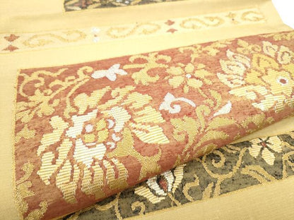 平和屋着物●太鼓柄袋帯　すくい織　更紗花文　銀糸　正絹　逸品　CABE8519hy