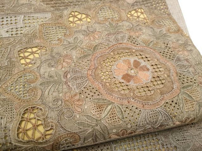 平和屋着物●中国三大刺繍　スワトウ相良刺繍　総刺繍　太鼓柄袋帯　紬地　花唐草文　正絹　逸品　CABE8524hy