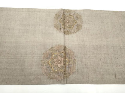 平和屋着物●中国三大刺繍　スワトウ相良刺繍　総刺繍　太鼓柄袋帯　紬地　花唐草文　正絹　逸品　CABE8524hy