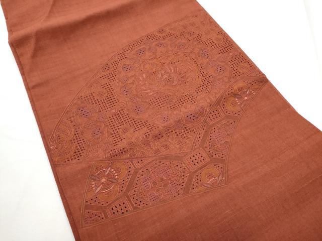 平和屋着物●中国三大刺繍　スワトウ刺繍　総刺繍　太鼓柄袋帯　紬地　色無地　紅鳶色　正絹　逸品　CABE8525hy