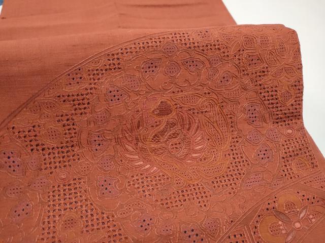 平和屋着物●中国三大刺繍　スワトウ刺繍　総刺繍　太鼓柄袋帯　紬地　色無地　紅鳶色　正絹　逸品　CABE8525hy