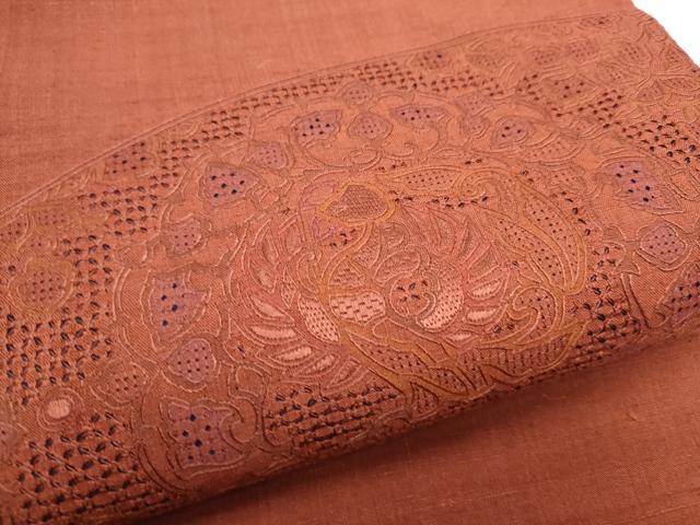 平和屋着物●中国三大刺繍　スワトウ刺繍　総刺繍　太鼓柄袋帯　紬地　色無地　紅鳶色　正絹　逸品　CABE8525hy