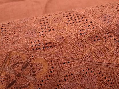 平和屋着物●中国三大刺繍　スワトウ刺繍　総刺繍　太鼓柄袋帯　紬地　色無地　紅鳶色　正絹　逸品　CABE8525hy