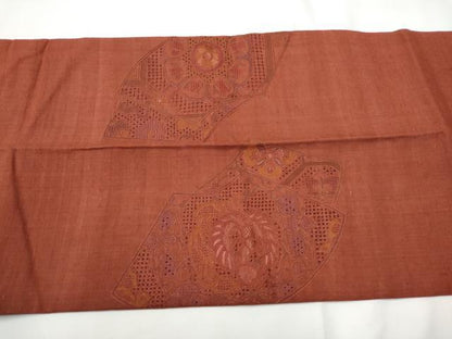 平和屋着物●中国三大刺繍　スワトウ刺繍　総刺繍　太鼓柄袋帯　紬地　色無地　紅鳶色　正絹　逸品　CABE8525hy