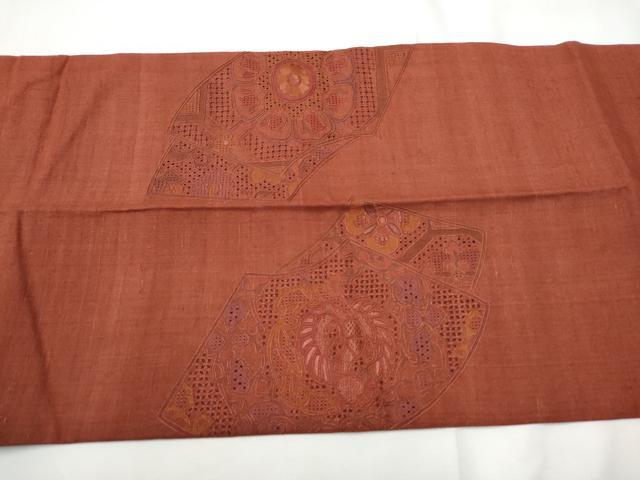 平和屋着物●中国三大刺繍　スワトウ刺繍　総刺繍　太鼓柄袋帯　紬地　色無地　紅鳶色　正絹　逸品　CABE8525hy
