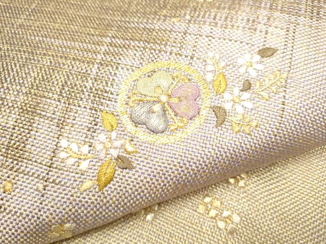 平和屋着物●ひなや工房　くむ・あむ・おる　伊豆蔵明彦　組織　太鼓柄袋帯　総刺繍　草花丸文　金糸　正絹　逸品　CABE8526hy