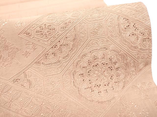 平和屋着物●中国三大刺繍　スワトウ刺繍　総刺繍　太鼓柄袋帯　紬地　中国伝統工芸　切嵌狩猟花文　色無地　薄柿色　正絹 逸品 CABE8527hy