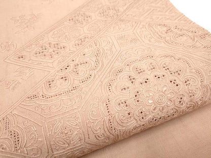 平和屋着物●中国三大刺繍　スワトウ刺繍　総刺繍　太鼓柄袋帯　紬地　中国伝統工芸　切嵌狩猟花文　色無地　薄柿色　正絹 逸品 CABE8527hy