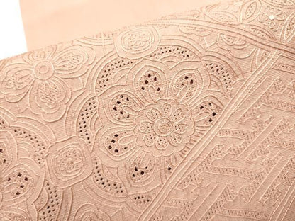 平和屋着物●中国三大刺繍　スワトウ刺繍　総刺繍　太鼓柄袋帯　紬地　中国伝統工芸　切嵌狩猟花文　色無地　薄柿色　正絹 逸品 CABE8527hy