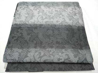 平和屋着物●両面　全通柄袋帯　紬地　枝花文　黒地　銀彩　正絹　逸品　CABE8545hy