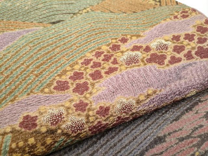 平和屋着物●十日町 名門 滝泰謹製 中国三大刺繍 相良刺繍 太鼓柄袋帯 襲ね絞り おぼろ染め 流水舞花文 金糸 正絹 逸品 CABE8549hy