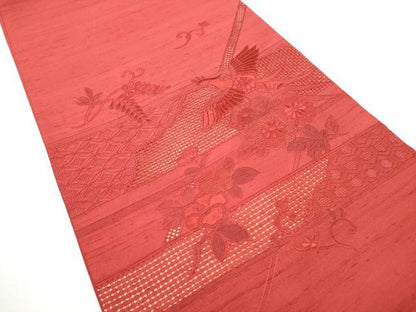 平和屋着物●中国三大刺繍　スワトウ相良刺繍　蘇州刺繍　総刺繍　太鼓柄袋帯　紬地　花鳥唐草文　色無地　赤紅色　正絹　逸品　CABE8551hy