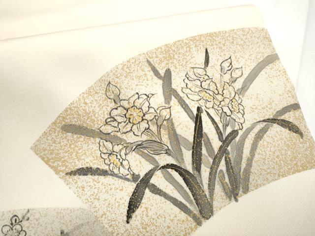 平和屋着物●塩瀬　太鼓柄袋帯　手描き　地紙花文　金彩　正絹　逸品　CABE8558hy