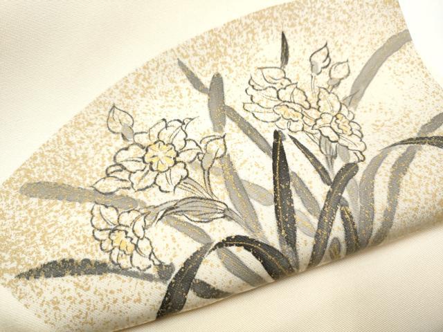 平和屋着物●塩瀬　太鼓柄袋帯　手描き　地紙花文　金彩　正絹　逸品　CABE8558hy