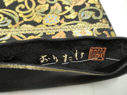 平和屋着物●六通柄　本袋帯　唐織　おりたけ　立涌唐花正倉院文　黒地　金糸　正絹　逸品　CABE8570hy
