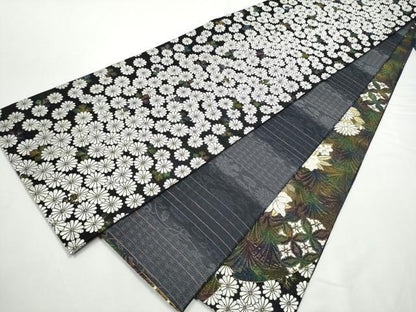 平和屋着物●両方向　両面　全通柄袋帯　舞菊文　黒地　金糸　正絹　逸品　CABE8571hy