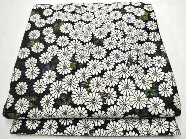 平和屋着物●両方向　両面　全通柄袋帯　舞菊文　黒地　金糸　正絹　逸品　CABE8571hy