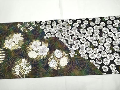 平和屋着物●両方向　両面　全通柄袋帯　舞菊文　黒地　金糸　正絹　逸品　CABE8571hy