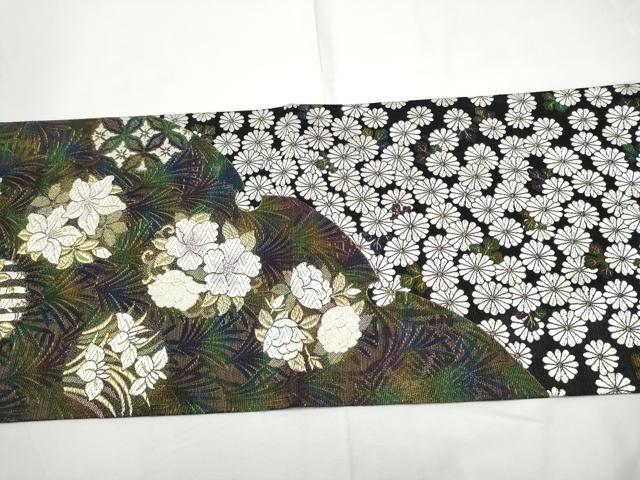 平和屋着物●両方向　両面　全通柄袋帯　舞菊文　黒地　金糸　正絹　逸品　CABE8571hy
