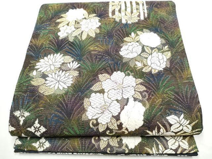 平和屋着物●両方向　両面　全通柄袋帯　舞菊文　黒地　金糸　正絹　逸品　CABE8571hy