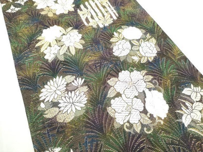 平和屋着物●両方向　両面　全通柄袋帯　舞菊文　黒地　金糸　正絹　逸品　CABE8571hy
