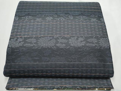 平和屋着物●両方向　両面　全通柄袋帯　舞菊文　黒地　金糸　正絹　逸品　CABE8571hy
