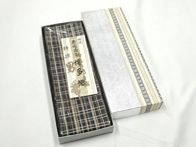 平和屋着物●男性　本場筑前博多織　角帯　格子柄　紙箱・証紙付き　正絹　逸品　CABE8572hy