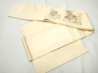 平和屋着物●塩瀬　ワンタッチつけ帯　駒刺繍　短冊御所車花文　金銀彩　正絹　逸品　CABE8582hy