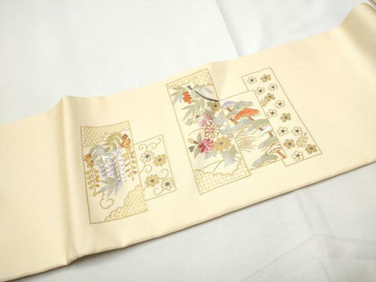 平和屋着物●塩瀬　ワンタッチつけ帯　駒刺繍　短冊御所車花文　金銀彩　正絹　逸品　CABE8582hy